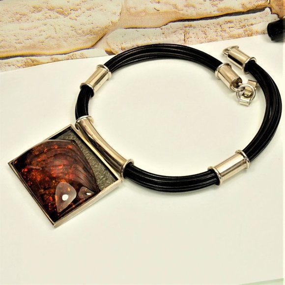 MASSIVE AMBER STERLING PENDANT MULTI LEATHER CORD NECKLACE, GIFT FOR WOMEN - Picture 9 of 11